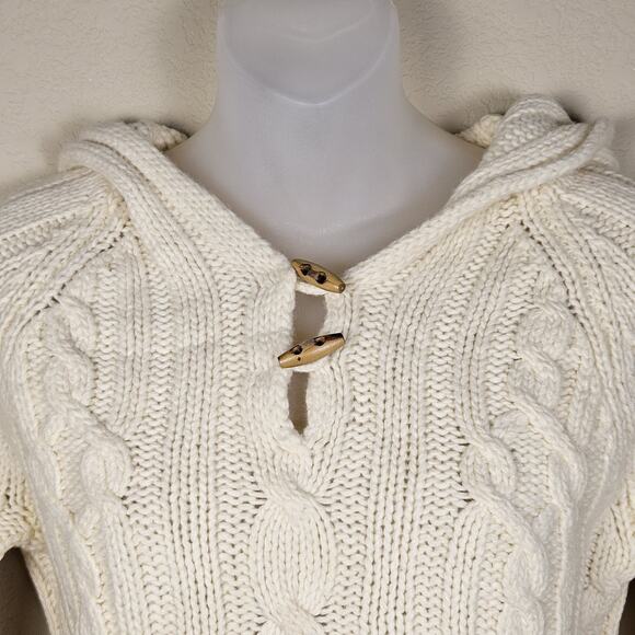 Vintage Y2K Cable Knit Sweater Womens Lambs Wool Hood Wood Toggle Button Cream M - Picture 2 of 15